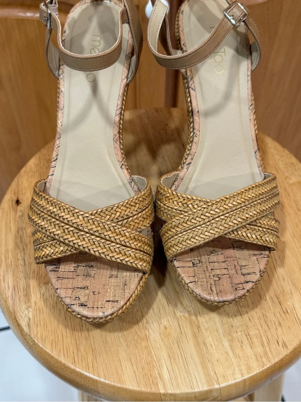 Me Too Size 10 Cork Wedge Sandals Woven Raffia Platform Ankle Strap